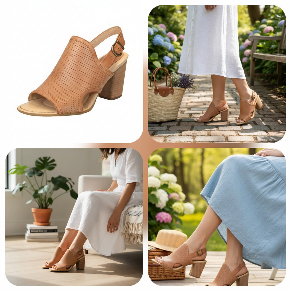 Born Women's Stella LEATHER Sling Back Block Heel Sandals Sz 10 M Cognac Brown - Picture 15 of 15